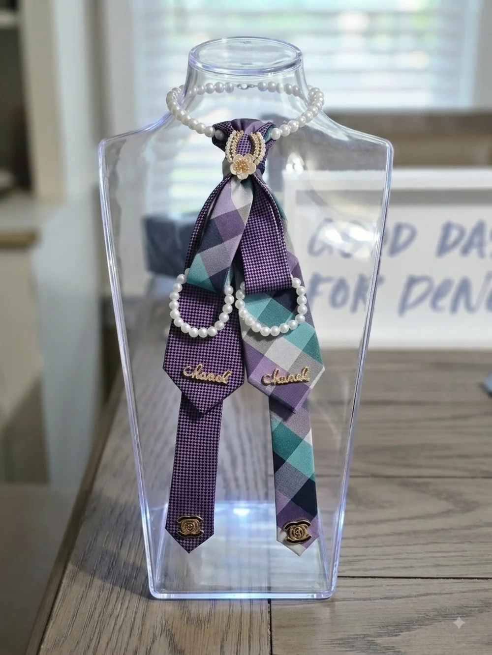 Pearl Tie Scarf Necklace with Purple Plaid Accents